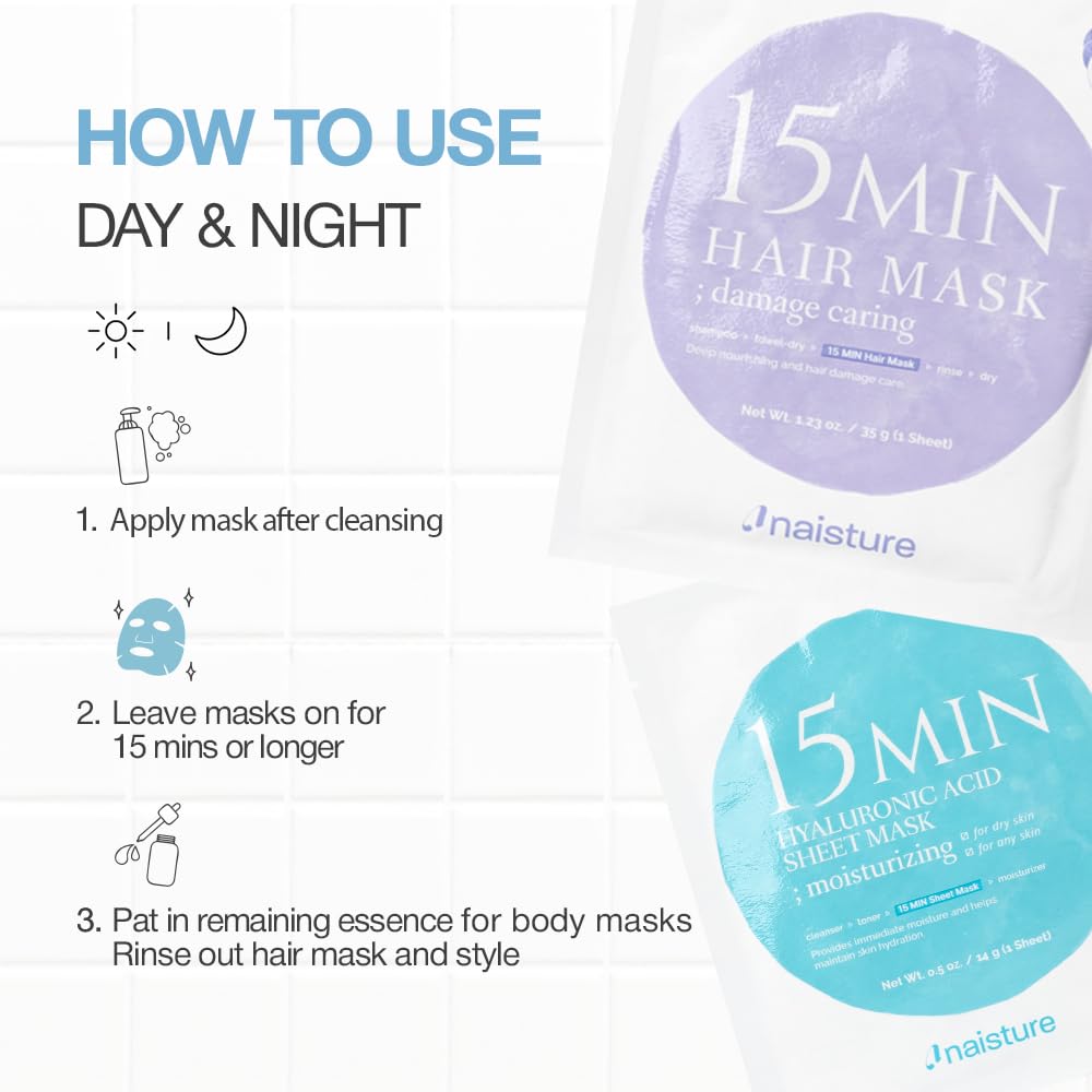 Naisture 15 Min Pamper Me Kit Korean Spa Skincare Gift Set for Women-Head to Toe with Hair, Face, Eye, Hand, & Foot Masks (7 pcs)