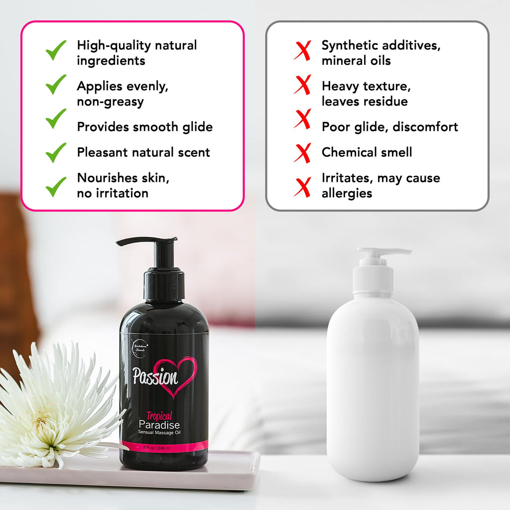 Passion Sensual Massage Oil for Date Night | 100% Natural Body Oil for Couples with Jojoba & Almond | Aromatherapy & Relaxing Massage Therapy | Valentines Day Gifts for Her | Tropical Paradise Scent