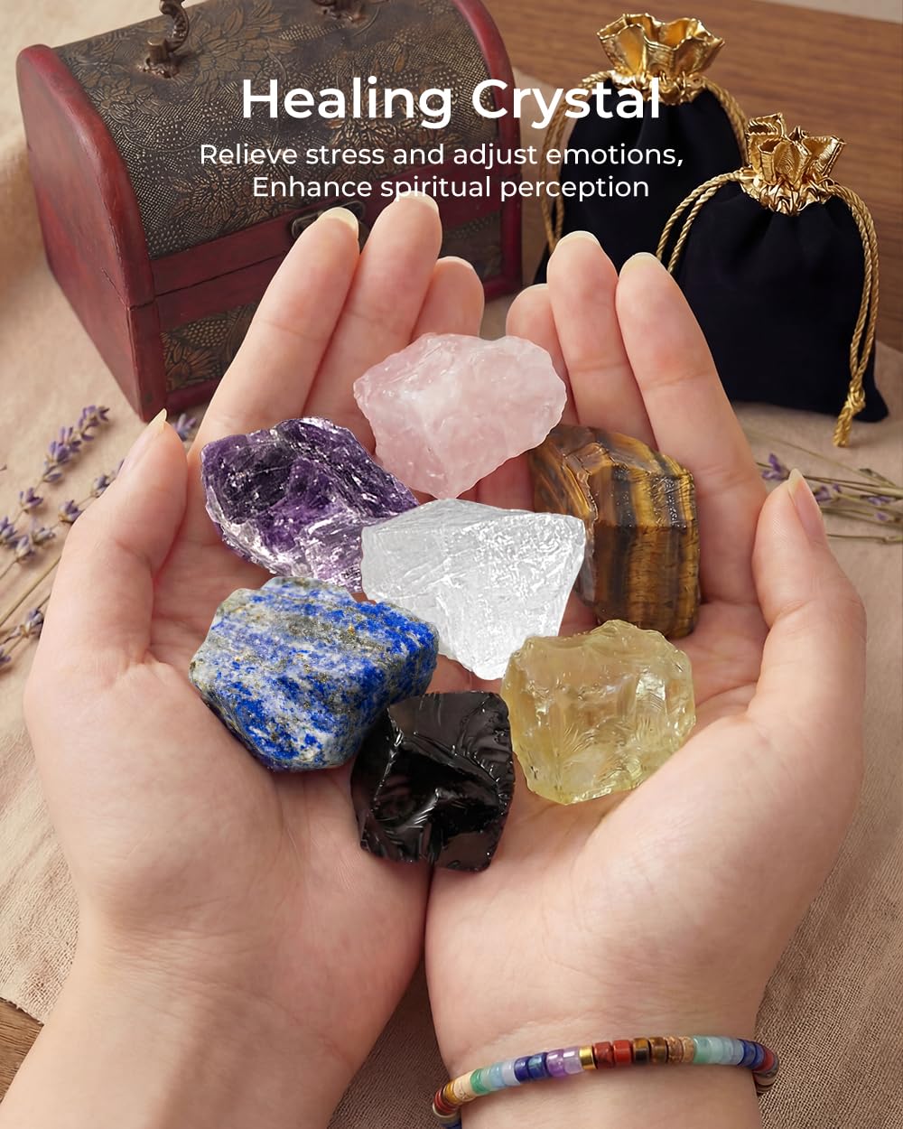 Crystals and Healing Stones Set - Chakra Crystals Gift for Women, Thumb Worry Stones, Chakra Bracelets, 7 Chakra Stones Set, Orgone Pyramid for Positive Energy Balance, Birthday Gifts for Women