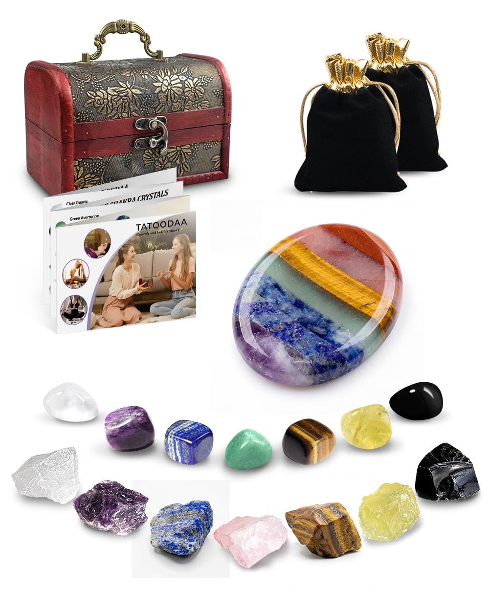Crystals and Healing Stones Set - Chakra Crystals Gift for Women, Thumb Worry Stones, Chakra Bracelets, 7 Chakra Stones Set, Orgone Pyramid for Positive Energy Balance, Birthday Gifts for Women