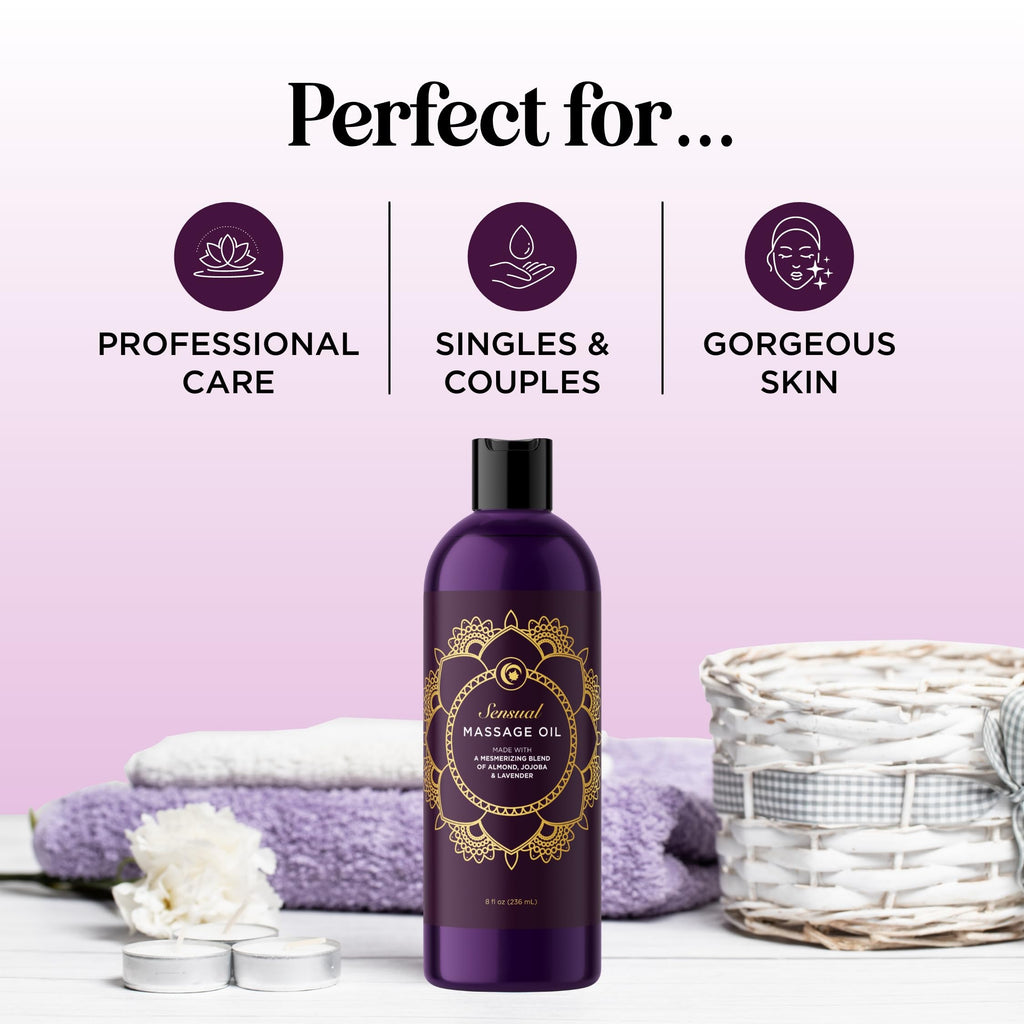Aromatherapy Sensual Massage Oil for Couples - Relaxing Lavender Massaging Oil for Massage Therapy with Vitamin E Jojoba & Sweet Almond - Naturally Scented Vegan Non GMO & Gluten Free (8 Fl Oz)