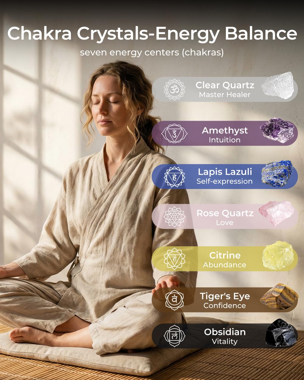 Crystals and Healing Stones Set - Chakra Crystals Gift for Women, Thumb Worry Stones, Chakra Bracelets, 7 Chakra Stones Set, Orgone Pyramid for Positive Energy Balance, Birthday Gifts for Women