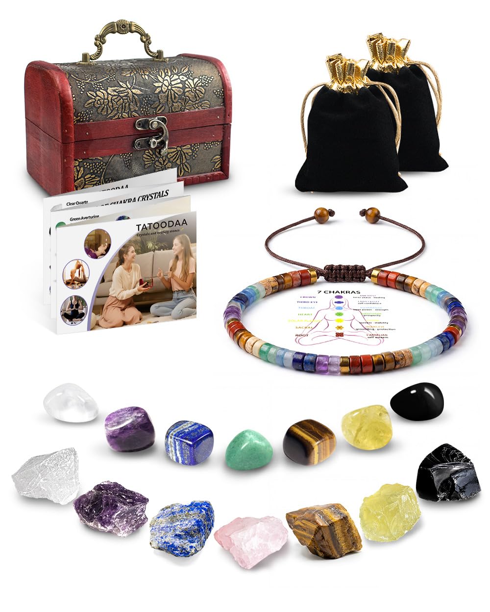 Crystals and Healing Stones Set - Chakra Crystals Gift for Women, Thumb Worry Stones, Chakra Bracelets, 7 Chakra Stones Set, Orgone Pyramid for Positive Energy Balance, Birthday Gifts for Women
