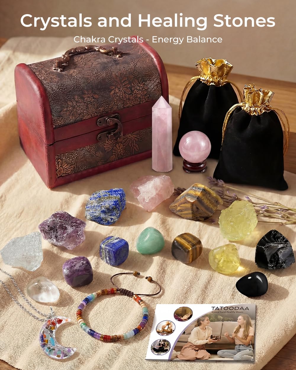 Crystals and Healing Stones Set - Chakra Crystals Gift for Women, Thumb Worry Stones, Chakra Bracelets, 7 Chakra Stones Set, Orgone Pyramid for Positive Energy Balance, Birthday Gifts for Women