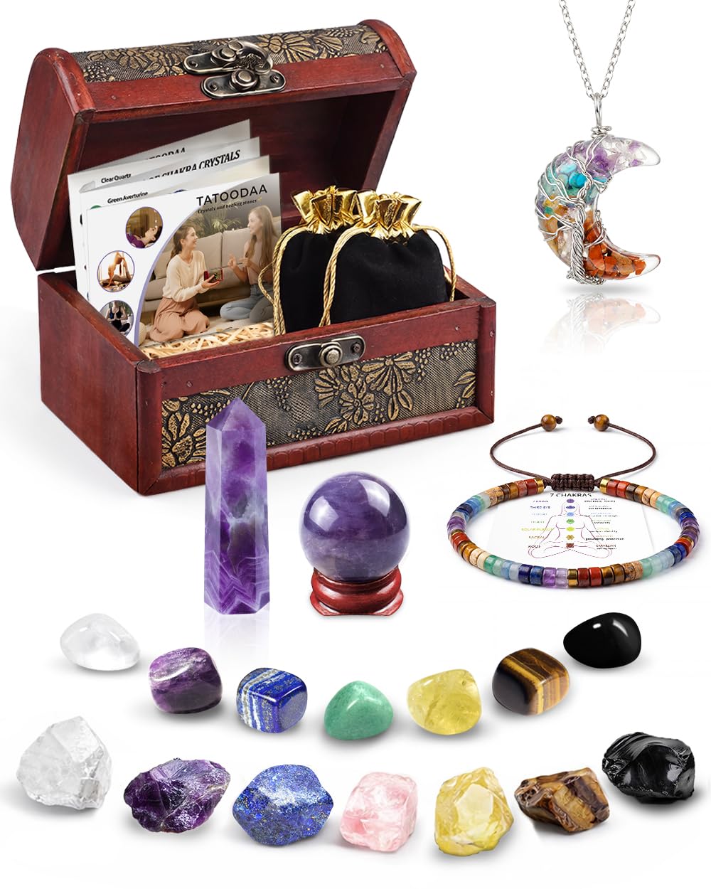 Crystals and Healing Stones Set - Chakra Crystals Gift for Women, Thumb Worry Stones, Chakra Bracelets, 7 Chakra Stones Set, Orgone Pyramid for Positive Energy Balance, Birthday Gifts for Women