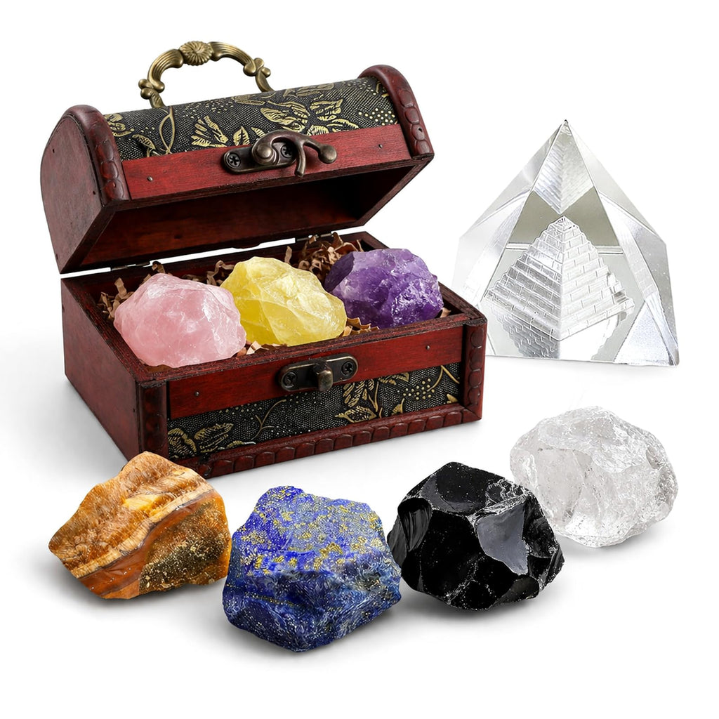 Crystals and Healing Stones Set - Chakra Crystals Gift for Women, Thumb Worry Stones, Chakra Bracelets, 7 Chakra Stones Set, Orgone Pyramid for Positive Energy Balance, Birthday Gifts for Women