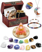 Crystals and Healing Stones Set - Chakra Crystals Gift for Women, Thumb Worry Stones, Chakra Bracelets, 7 Chakra Stones Set, Orgone Pyramid for Positive Energy Balance, Birthday Gifts for Women