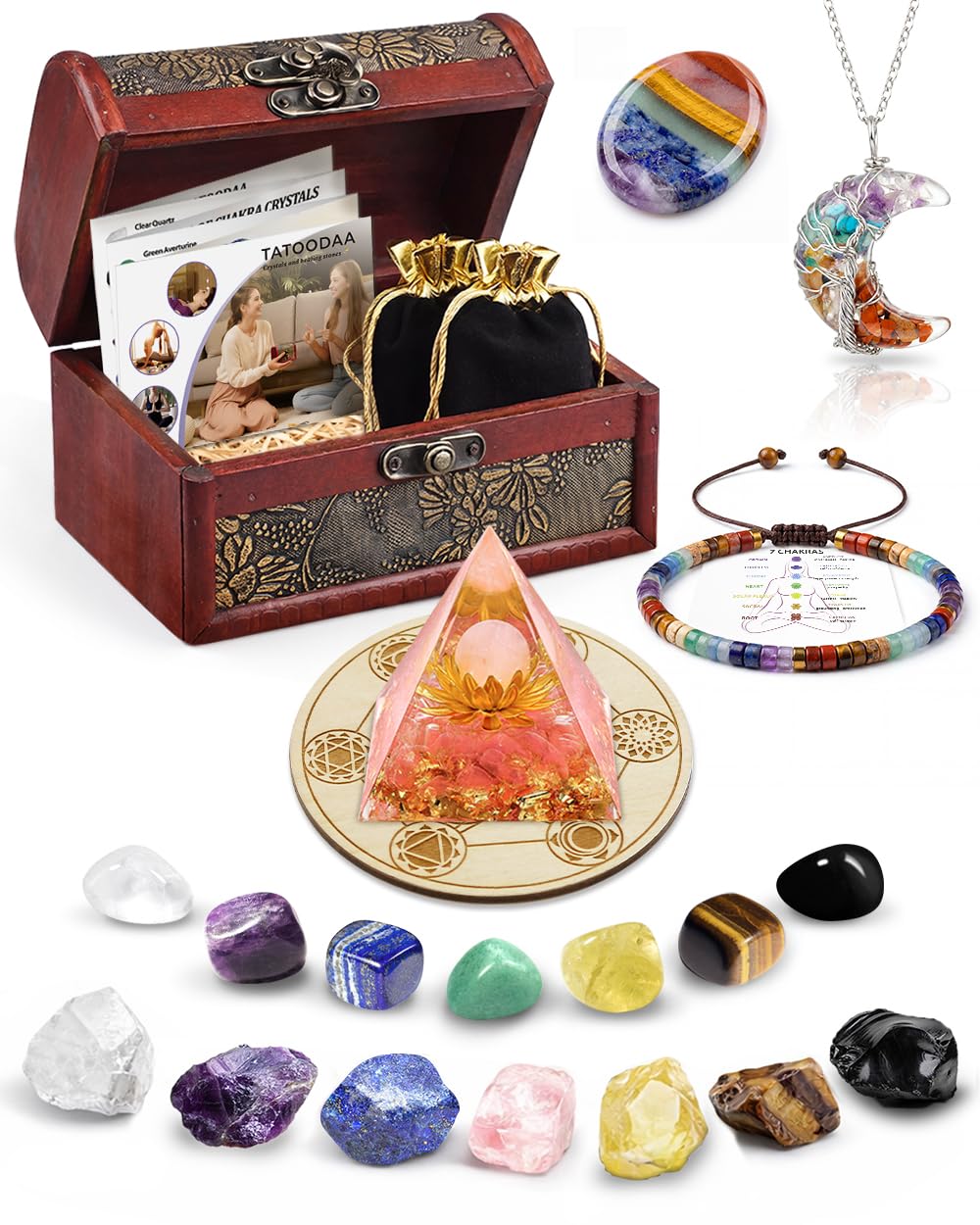 Crystals and Healing Stones Set - Chakra Crystals Gift for Women, Thumb Worry Stones, Chakra Bracelets, 7 Chakra Stones Set, Orgone Pyramid for Positive Energy Balance, Birthday Gifts for Women