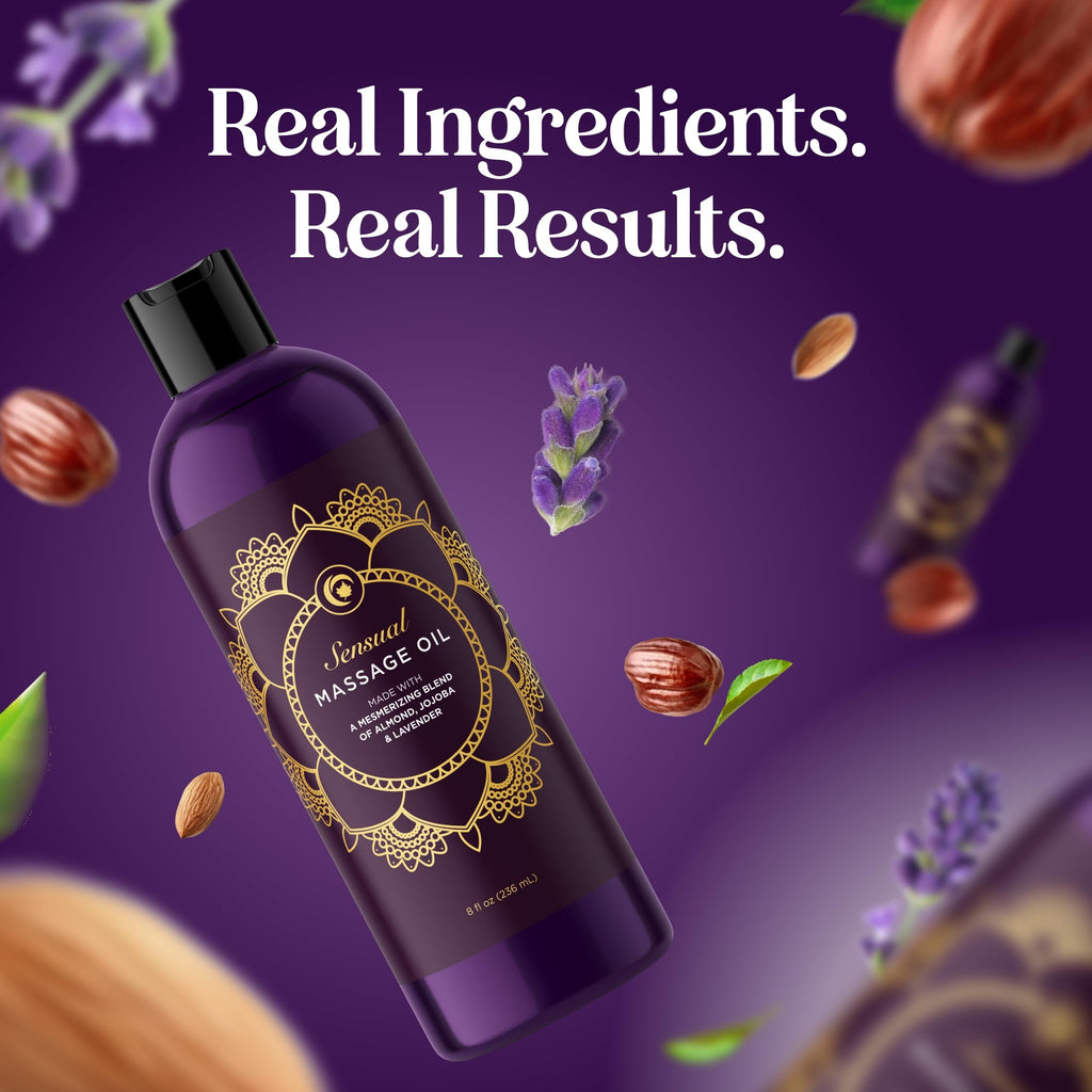 Aromatherapy Sensual Massage Oil for Couples - Relaxing Lavender Massaging Oil for Massage Therapy with Vitamin E Jojoba & Sweet Almond - Naturally Scented Vegan Non GMO & Gluten Free (8 Fl Oz)