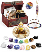 Crystals and Healing Stones Set - Chakra Crystals Gift for Women, Thumb Worry Stones, Chakra Bracelets, 7 Chakra Stones Set, Orgone Pyramid for Positive Energy Balance, Birthday Gifts for Women