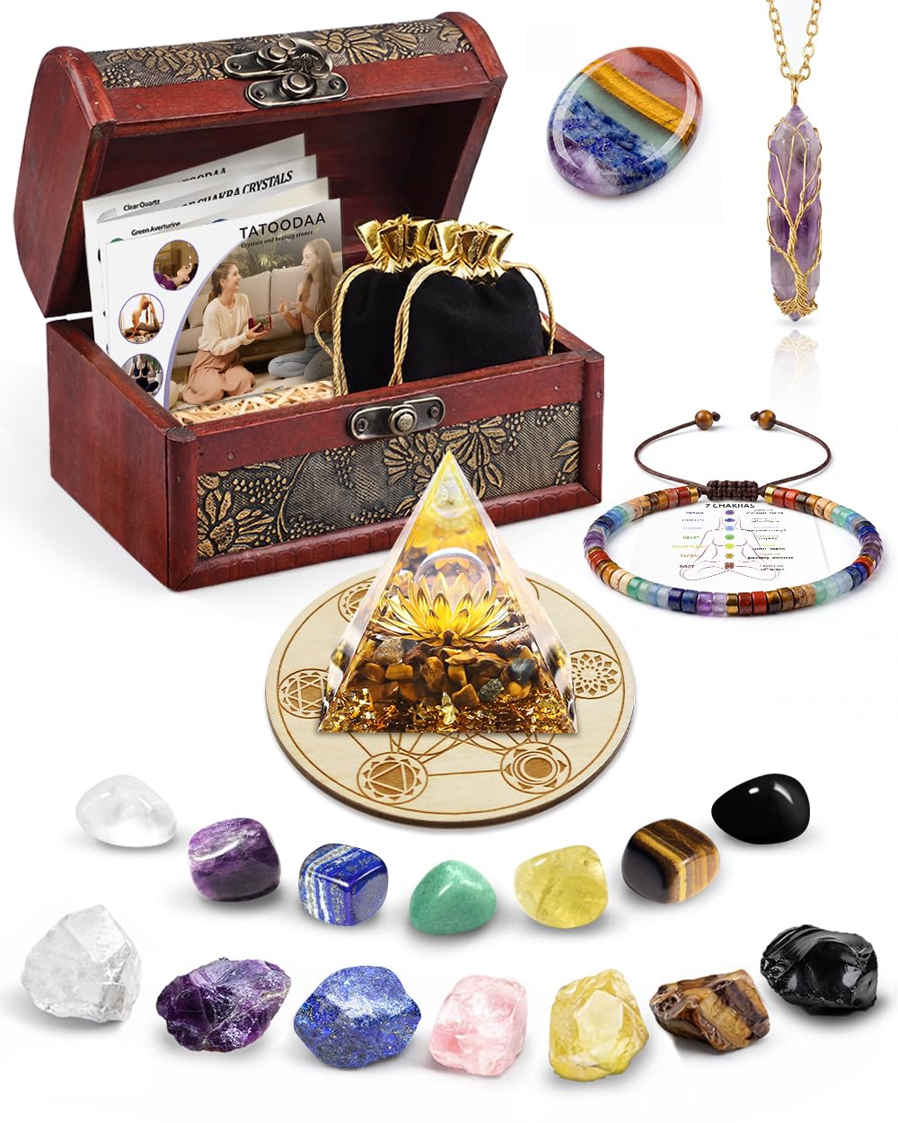 Crystals and Healing Stones Set - Chakra Crystals Gift for Women, Thumb Worry Stones, Chakra Bracelets, 7 Chakra Stones Set, Orgone Pyramid for Positive Energy Balance, Birthday Gifts for Women