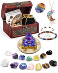 Crystals and Healing Stones Set - Chakra Crystals Gift for Women, Thumb Worry Stones, Chakra Bracelets, 7 Chakra Stones Set, Orgone Pyramid for Positive Energy Balance, Birthday Gifts for Women
