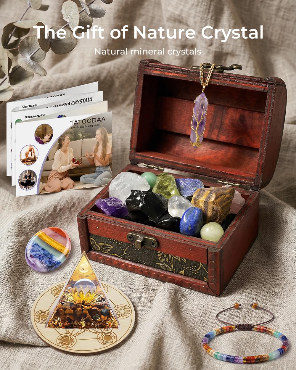 Crystals and Healing Stones Set - Chakra Crystals Gift for Women, Thumb Worry Stones, Chakra Bracelets, 7 Chakra Stones Set, Orgone Pyramid for Positive Energy Balance, Birthday Gifts for Women
