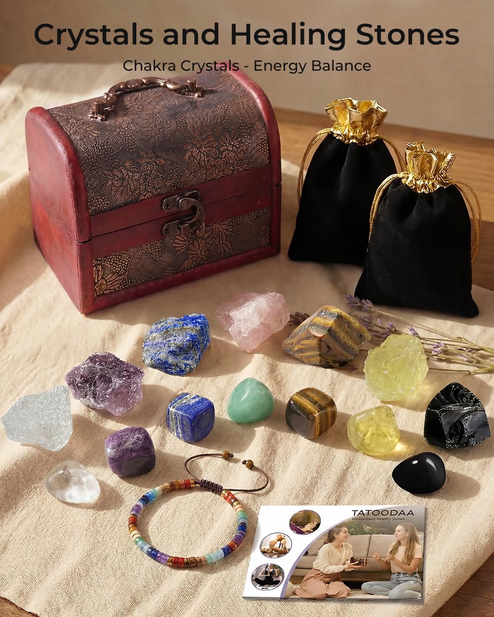 Crystals and Healing Stones Set - Chakra Crystals Gift for Women, Thumb Worry Stones, Chakra Bracelets, 7 Chakra Stones Set, Orgone Pyramid for Positive Energy Balance, Birthday Gifts for Women