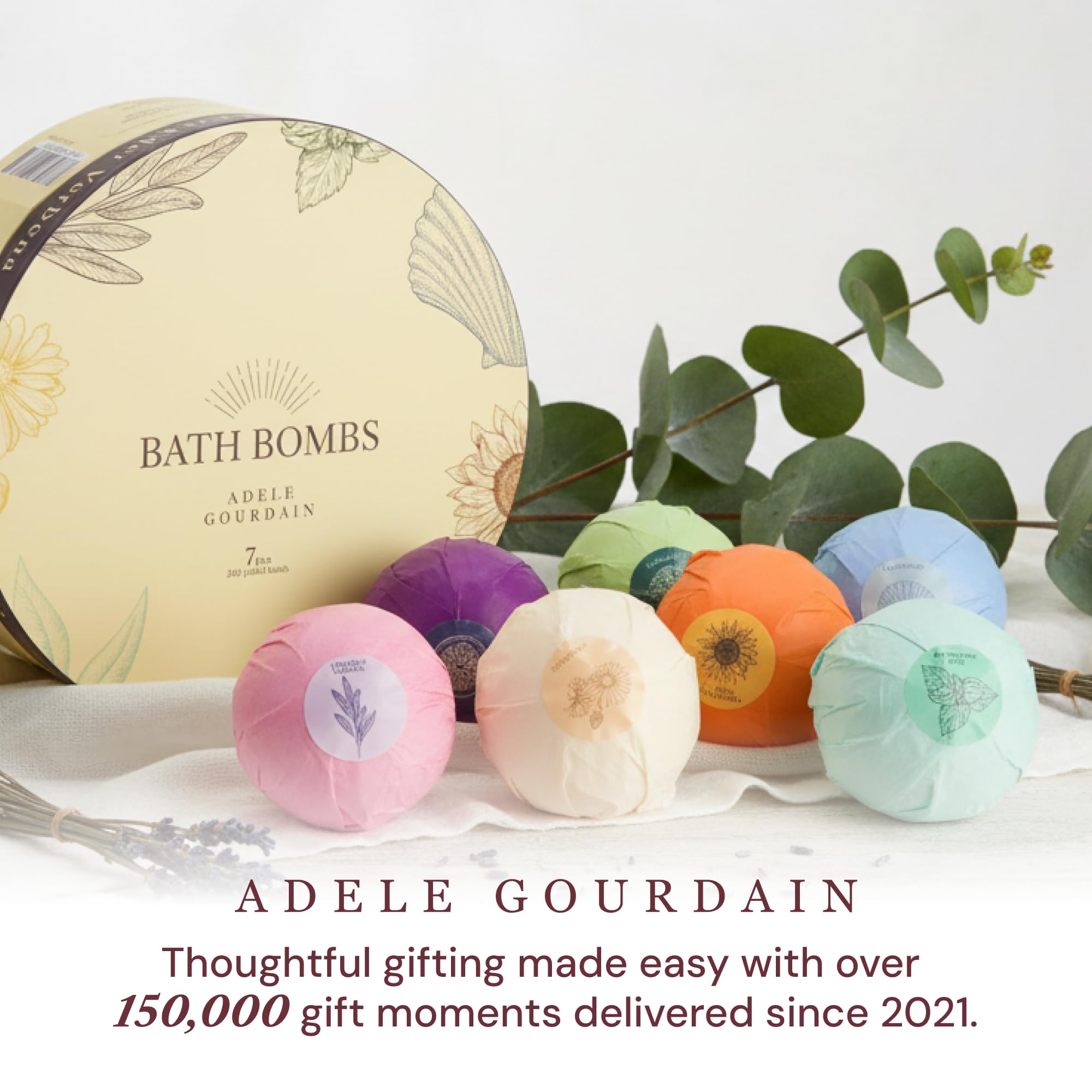 ADELEGOURDAIN Bath Bombs Set 7 pcs - Gift Set for Women, 200g Extra Large Oversized, Mineral Bath Bombs for Sensitive Skin, Gift Set Box for Her Birthday