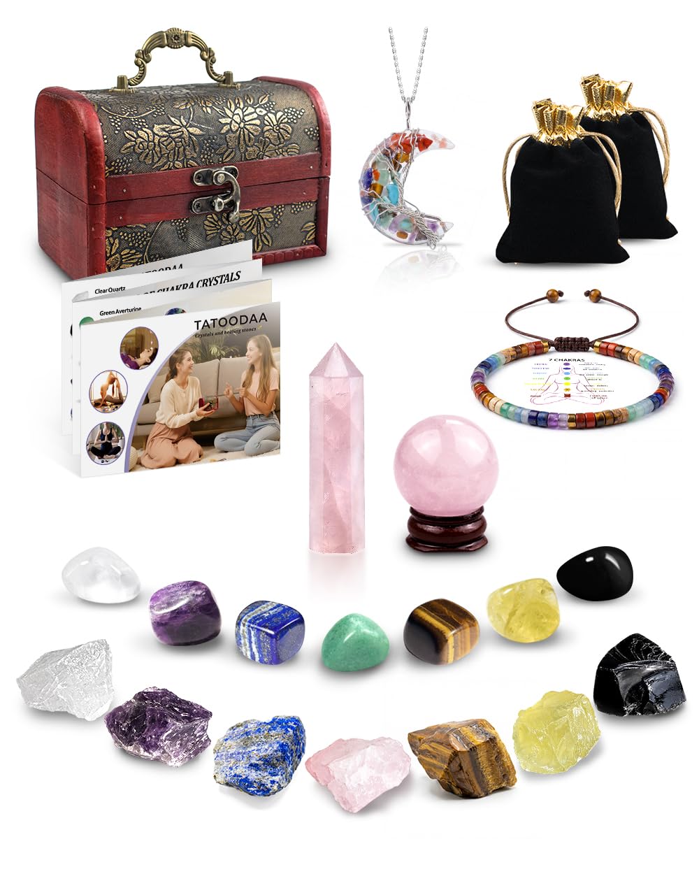 Crystals and Healing Stones Set - Chakra Crystals Gift for Women, Thumb Worry Stones, Chakra Bracelets, 7 Chakra Stones Set, Orgone Pyramid for Positive Energy Balance, Birthday Gifts for Women