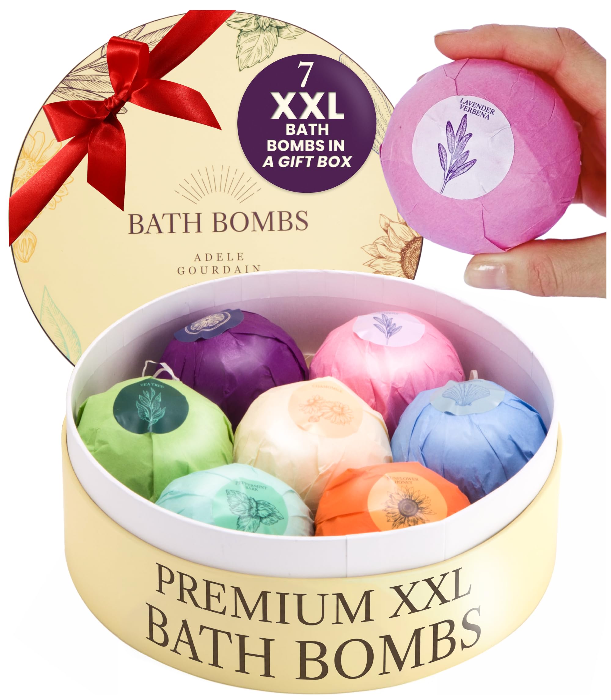 ADELEGOURDAIN Bath Bombs Set 7 pcs - Gift Set for Women, 200g Extra Large Oversized, Mineral Bath Bombs for Sensitive Skin, Gift Set Box for Her Birthday