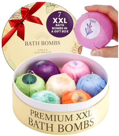 ADELEGOURDAIN Bath Bombs Set 7 pcs - Gift Set for Women, 200g Extra Large Oversized, Mineral Bath Bombs for Sensitive Skin, Gift Set Box for Her Birthday