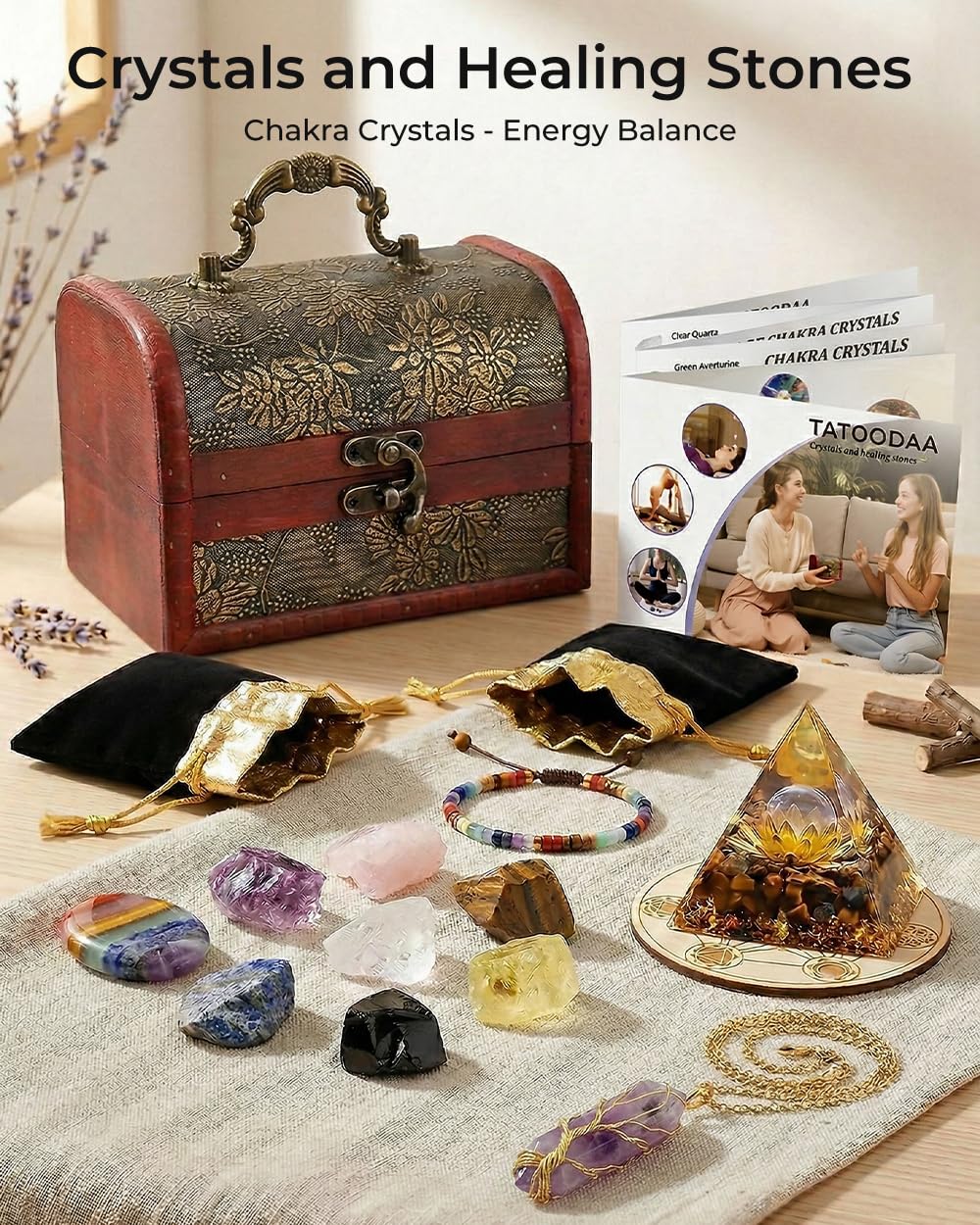 Crystals and Healing Stones Set - Chakra Crystals Gift for Women, Thumb Worry Stones, Chakra Bracelets, 7 Chakra Stones Set, Orgone Pyramid for Positive Energy Balance, Birthday Gifts for Women