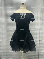 Black French Vintage Elegant Design Woman Dress Gothic Off Shoulder Retro Mini Dress Female Fairy Birthday Party Chic Outfits