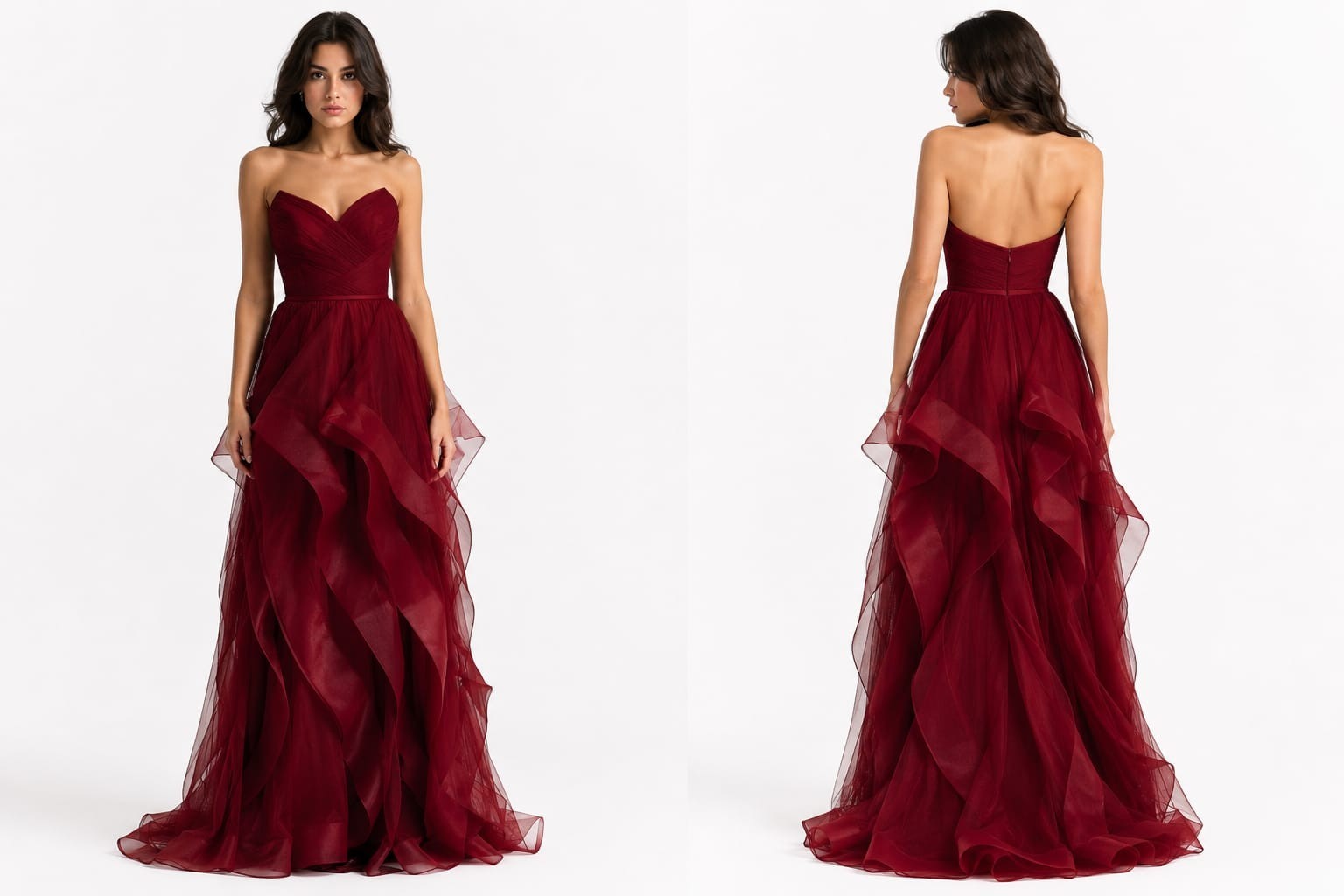 Elegant Strapless Gown With Fitted Bustier and Multi-Layered Skirt